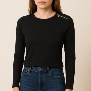 Lauren Ralph Lauren Black Long Sleeve Top XS Zip Shoulder Chic Minimalist